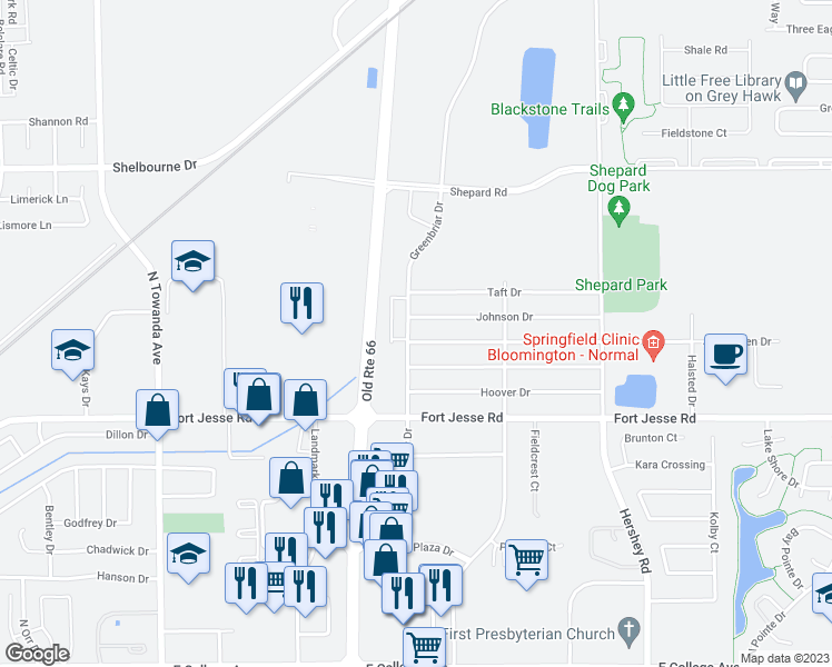 map of restaurants, bars, coffee shops, grocery stores, and more near 412 Greenbriar Drive in Normal
