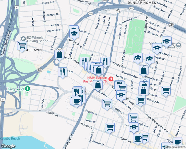 map of restaurants, bars, coffee shops, grocery stores, and more near 449 Stevenson Place in Perth Amboy