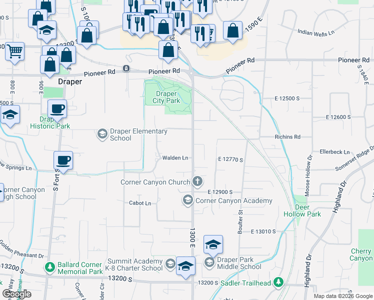 map of restaurants, bars, coffee shops, grocery stores, and more near 12767 1300 East in Draper