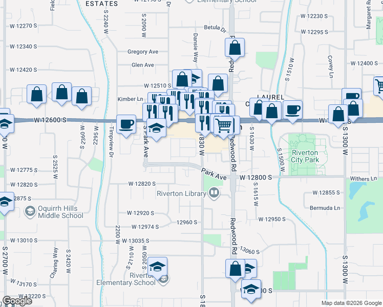 map of restaurants, bars, coffee shops, grocery stores, and more near 1868 Park Avenue in Riverton