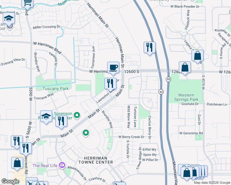 map of restaurants, bars, coffee shops, grocery stores, and more near 5107 Main Street in Herriman