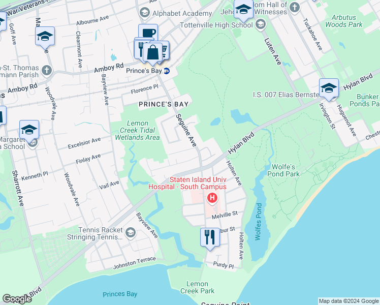 map of restaurants, bars, coffee shops, grocery stores, and more near 282-286 Seguine Avenue in Staten Island