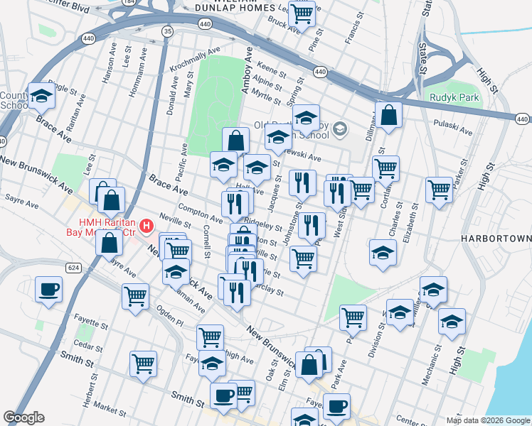 map of restaurants, bars, coffee shops, grocery stores, and more near 566 Jacques Street in Perth Amboy