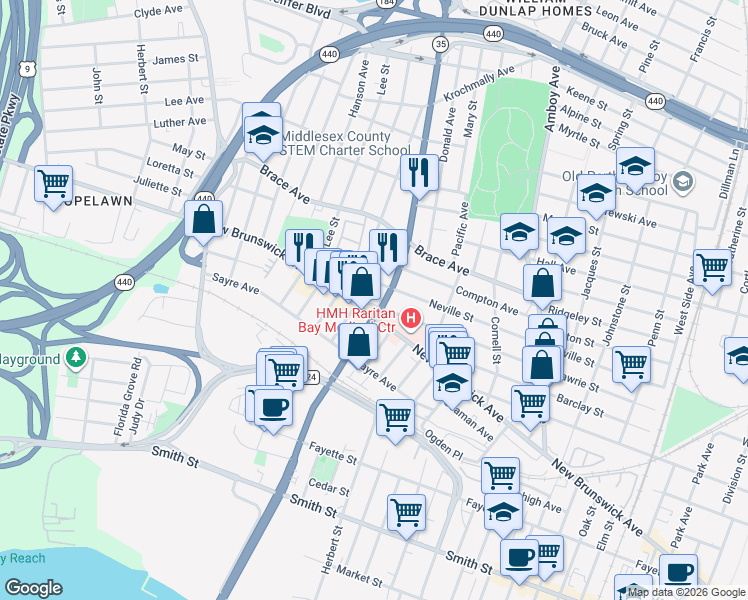 map of restaurants, bars, coffee shops, grocery stores, and more near 561 New Brunswick Avenue in Perth Amboy