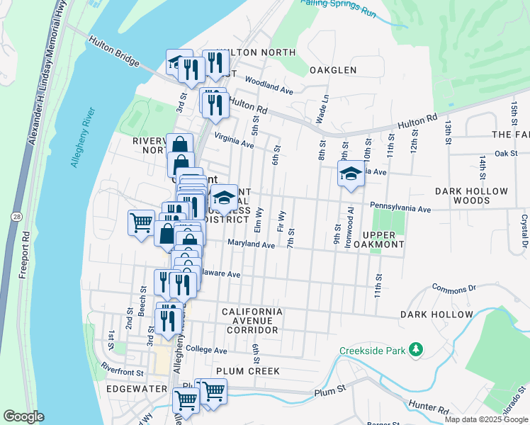 map of restaurants, bars, coffee shops, grocery stores, and more near 626 6th Street in Oakmont