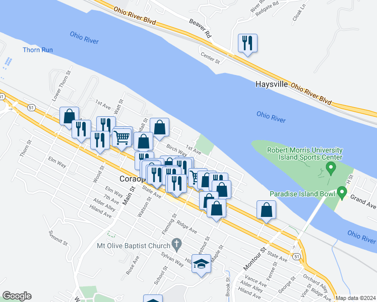 map of restaurants, bars, coffee shops, grocery stores, and more near 122 Mill Street in Coraopolis