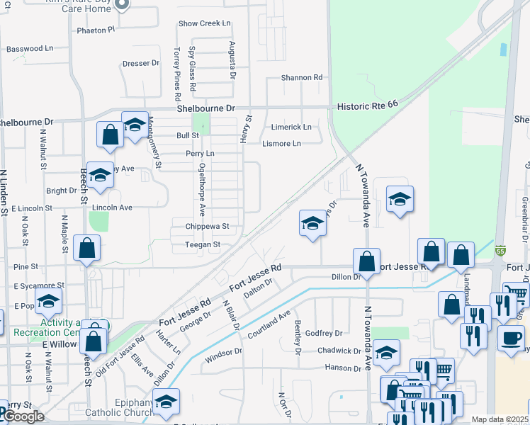 map of restaurants, bars, coffee shops, grocery stores, and more near 1208 Beacon Hill Court in Normal