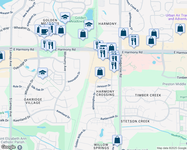 map of restaurants, bars, coffee shops, grocery stores, and more near 1833 East Harmony Road in Fort Collins