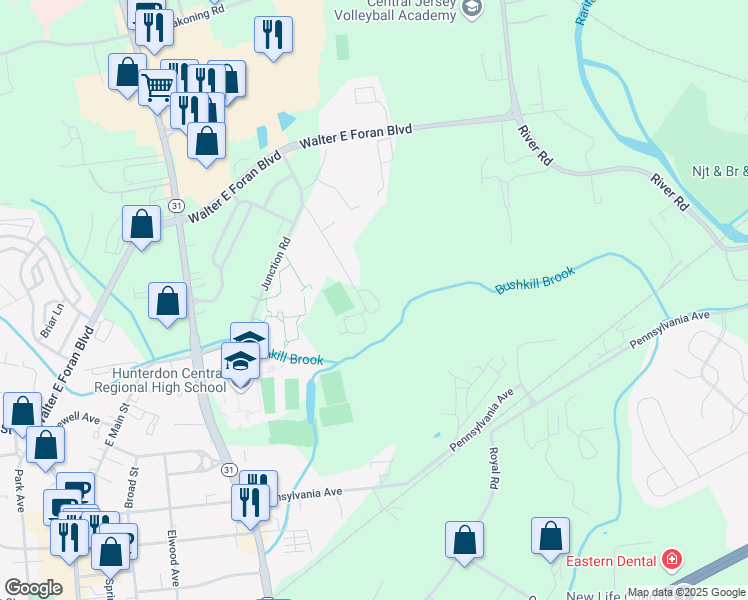 map of restaurants, bars, coffee shops, grocery stores, and more near 30 Junction Road in Flemington