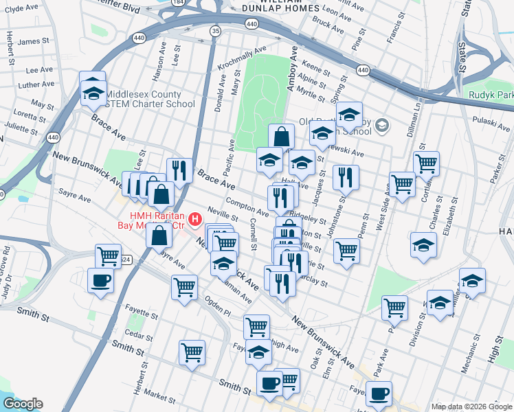 map of restaurants, bars, coffee shops, grocery stores, and more near 406 Neville Street in Perth Amboy