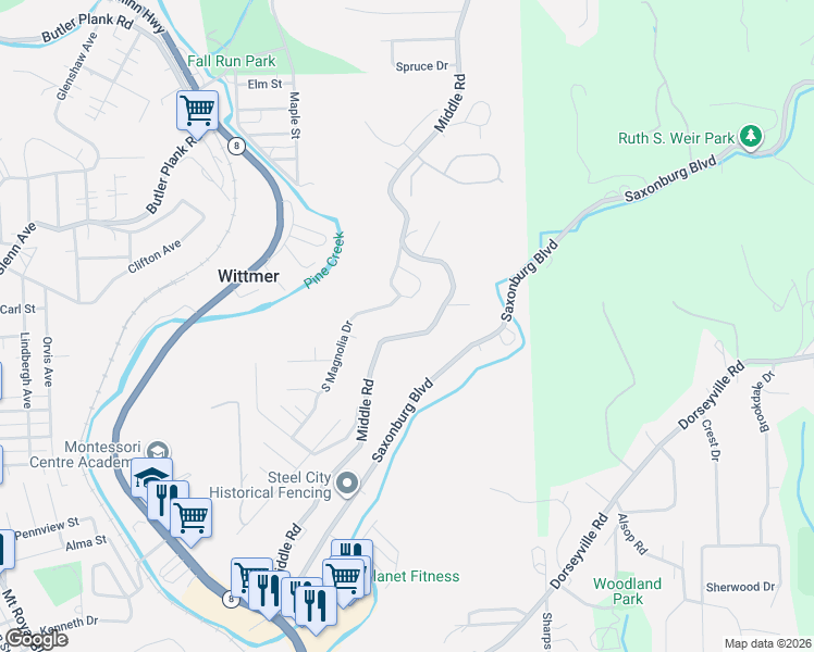 map of restaurants, bars, coffee shops, grocery stores, and more near 1021 Middle Road in Glenshaw