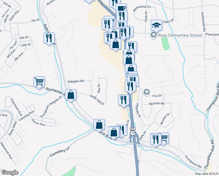 map of restaurants, bars, coffee shops, grocery stores, and more near 311 Holly Hill Drive in Pittsburgh