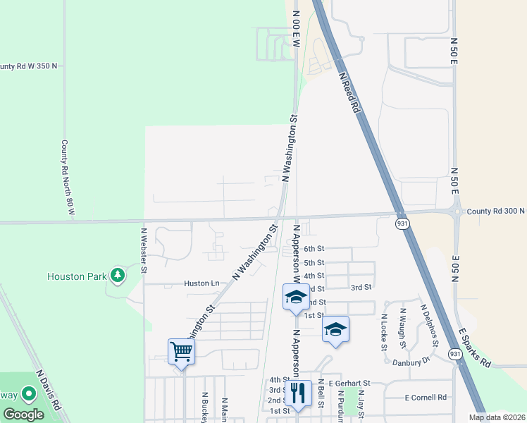 map of restaurants, bars, coffee shops, grocery stores, and more near 3091-3137 North Washington Street in Kokomo