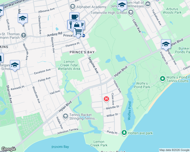 map of restaurants, bars, coffee shops, grocery stores, and more near 282-286 Seguine Avenue in Staten Island