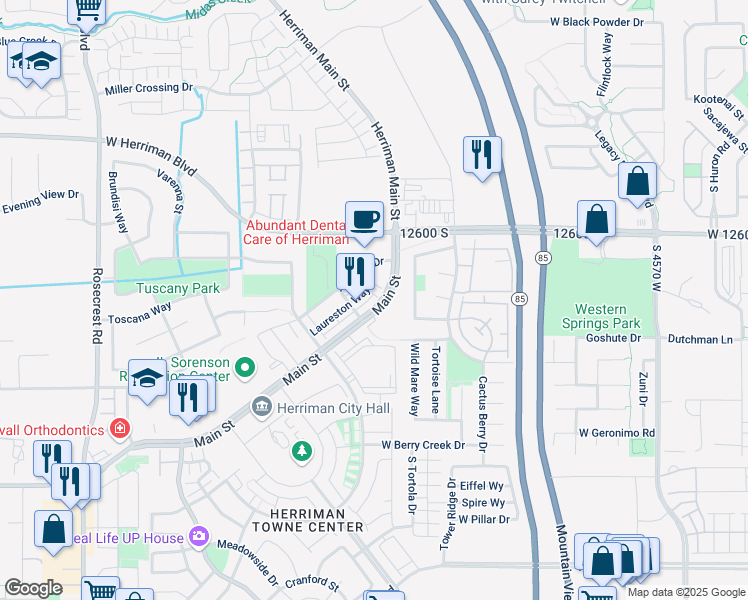 map of restaurants, bars, coffee shops, grocery stores, and more near 5073 Stockfield Lane in Herriman