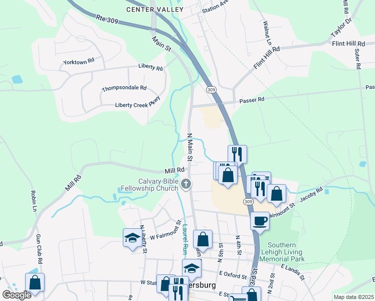 map of restaurants, bars, coffee shops, grocery stores, and more near 6692 North Main Street in Coopersburg