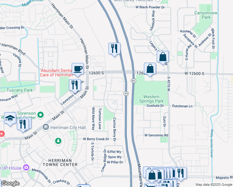 map of restaurants, bars, coffee shops, grocery stores, and more near 12866 Serengeti Drive in Riverton