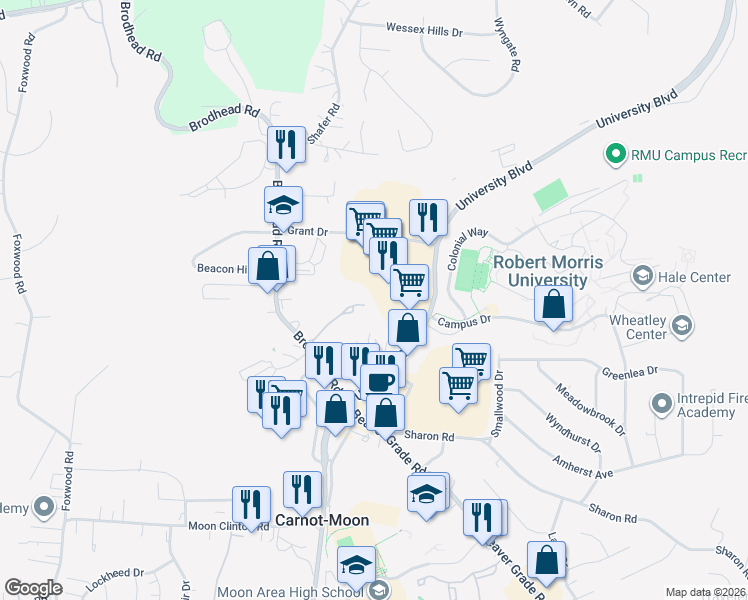 map of restaurants, bars, coffee shops, grocery stores, and more near 1000 College Park Drive in Coraopolis