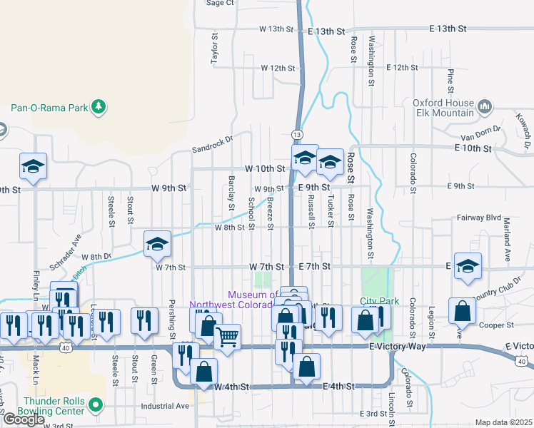 map of restaurants, bars, coffee shops, grocery stores, and more near 915 Breeze Street in Craig