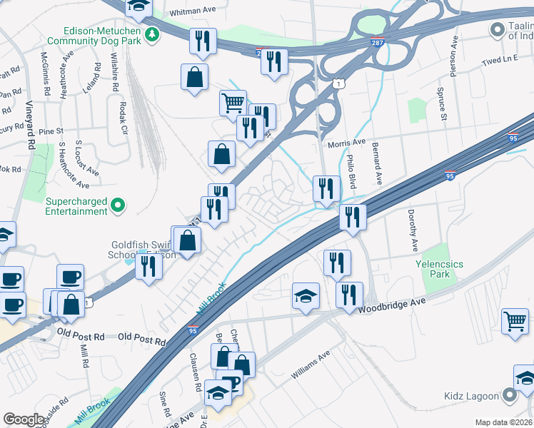 map of restaurants, bars, coffee shops, grocery stores, and more near 801 Edison Glen Terrace in Edison
