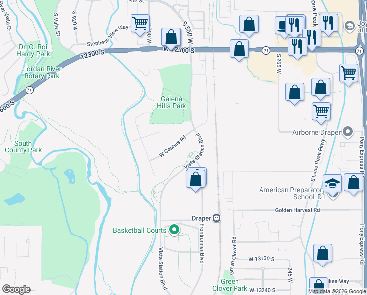 map of restaurants, bars, coffee shops, grocery stores, and more near 584 West Cephus Road in Draper