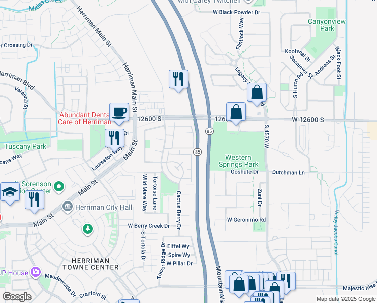 map of restaurants, bars, coffee shops, grocery stores, and more near 12866 Serengeti Drive in Riverton