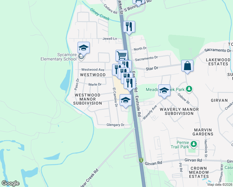 map of restaurants, bars, coffee shops, grocery stores, and more near 6478 Westside Road in Redding