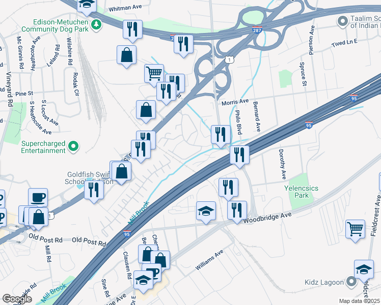 map of restaurants, bars, coffee shops, grocery stores, and more near 801 Edison Glen Terrace in Edison