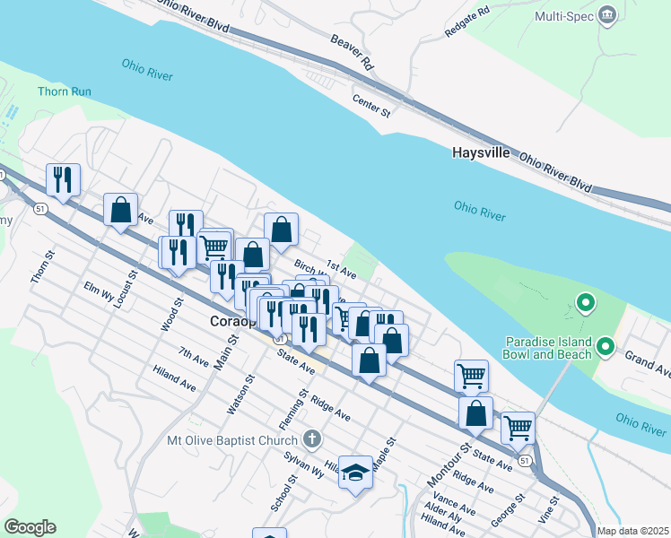 map of restaurants, bars, coffee shops, grocery stores, and more near 933 1st Avenue in Coraopolis