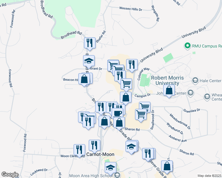 map of restaurants, bars, coffee shops, grocery stores, and more near 200 Grant Drive in Coraopolis