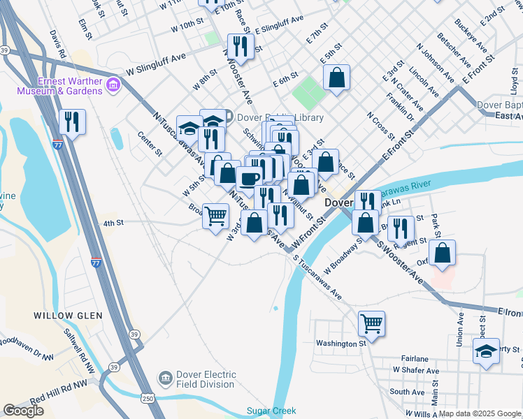 map of restaurants, bars, coffee shops, grocery stores, and more near 232 West 3rd Street in Dover