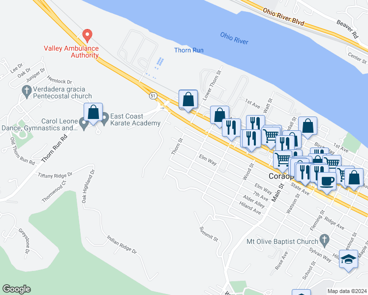 map of restaurants, bars, coffee shops, grocery stores, and more near 510 Mount Vernon Avenue in Coraopolis