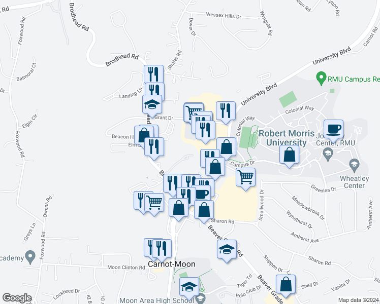 map of restaurants, bars, coffee shops, grocery stores, and more near 703 College Park Drive in Moon