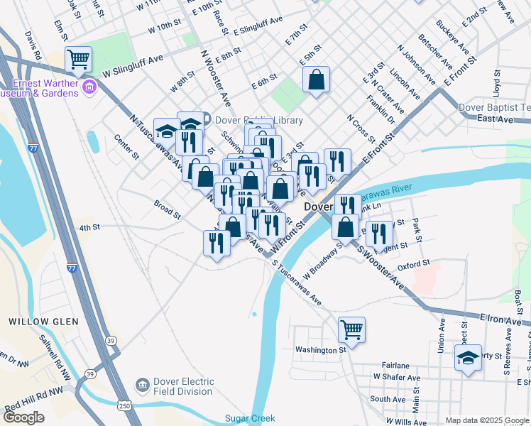 map of restaurants, bars, coffee shops, grocery stores, and more near 207 West 2nd Street in Dover