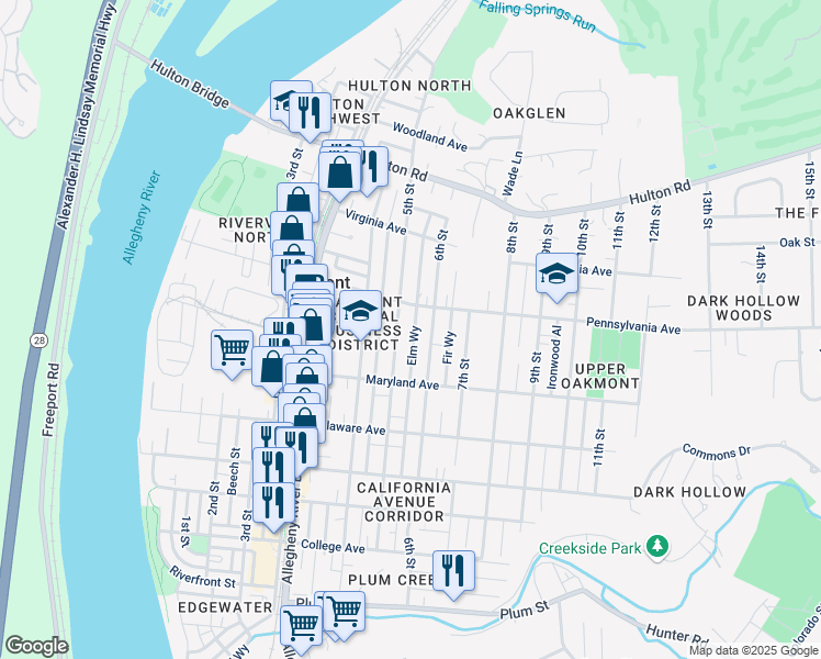 map of restaurants, bars, coffee shops, grocery stores, and more near 679 5th Street in Oakmont