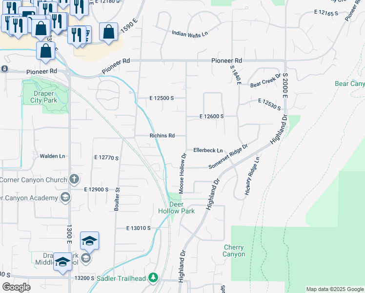 map of restaurants, bars, coffee shops, grocery stores, and more near 12722 Moose Hollow Drive in Draper