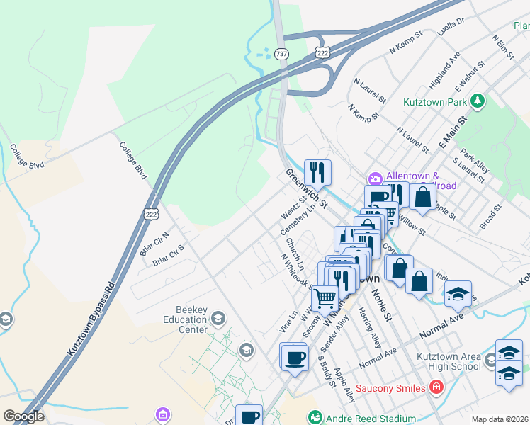 map of restaurants, bars, coffee shops, grocery stores, and more near 221 Fairview Drive in Kutztown