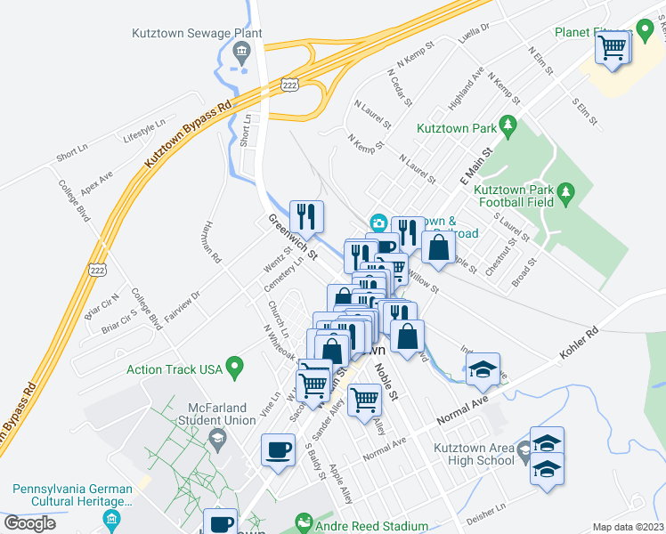 map of restaurants, bars, coffee shops, grocery stores, and more near 214 Greenwich Street in Kutztown