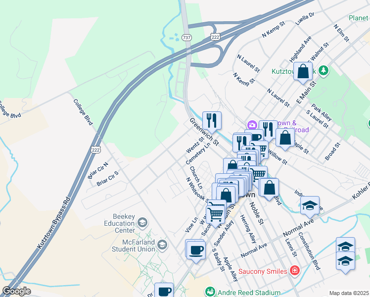 map of restaurants, bars, coffee shops, grocery stores, and more near 137 Wentz Street in Kutztown