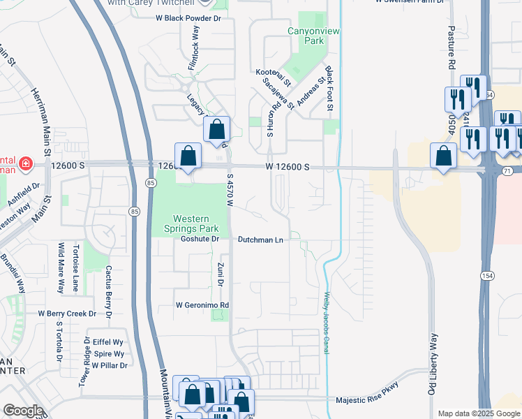 map of restaurants, bars, coffee shops, grocery stores, and more near 4478 West Mandy Lee Cove in Riverton