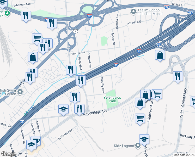 map of restaurants, bars, coffee shops, grocery stores, and more near 27 Harrison Avenue in Edison