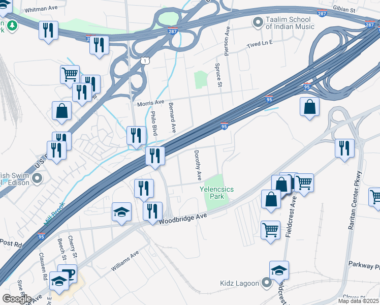 map of restaurants, bars, coffee shops, grocery stores, and more near 27 Harrison Avenue in Edison