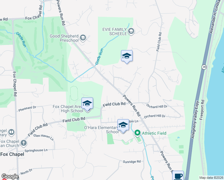 map of restaurants, bars, coffee shops, grocery stores, and more near 1547 Powers Run Road in Pittsburgh