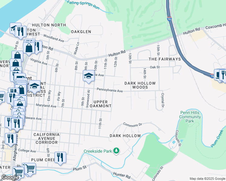 map of restaurants, bars, coffee shops, grocery stores, and more near 1130 Pennsylvania Avenue in Oakmont