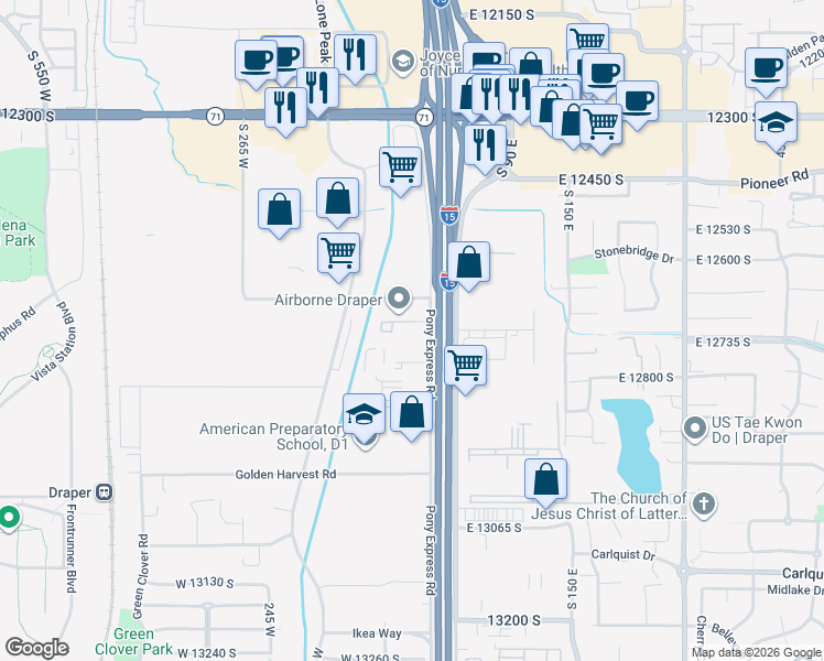 map of restaurants, bars, coffee shops, grocery stores, and more near 12674 Pony Express Road in Draper