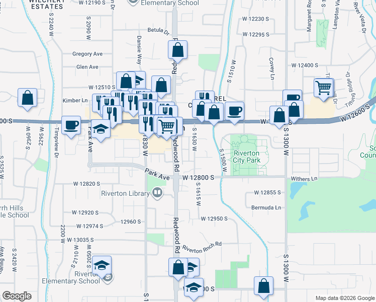 map of restaurants, bars, coffee shops, grocery stores, and more near 12676 South 1630 West in Riverton