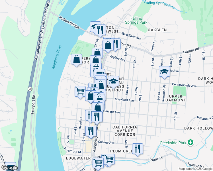 map of restaurants, bars, coffee shops, grocery stores, and more near in Oakmont