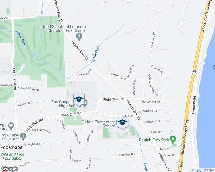 map of restaurants, bars, coffee shops, grocery stores, and more near 1547 Powers Run Road in Pittsburgh