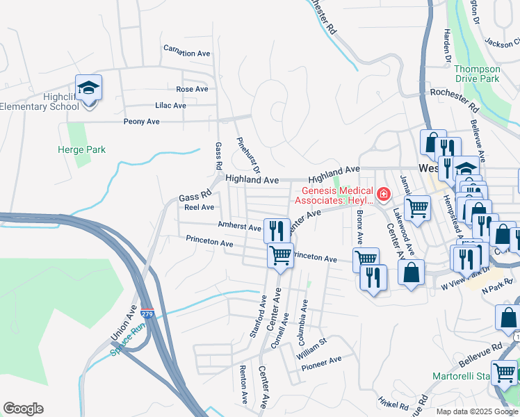 map of restaurants, bars, coffee shops, grocery stores, and more near 168 Georgetown Avenue in West View