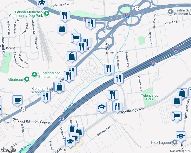 map of restaurants, bars, coffee shops, grocery stores, and more near 1208 Edison Glen Terrace in Edison